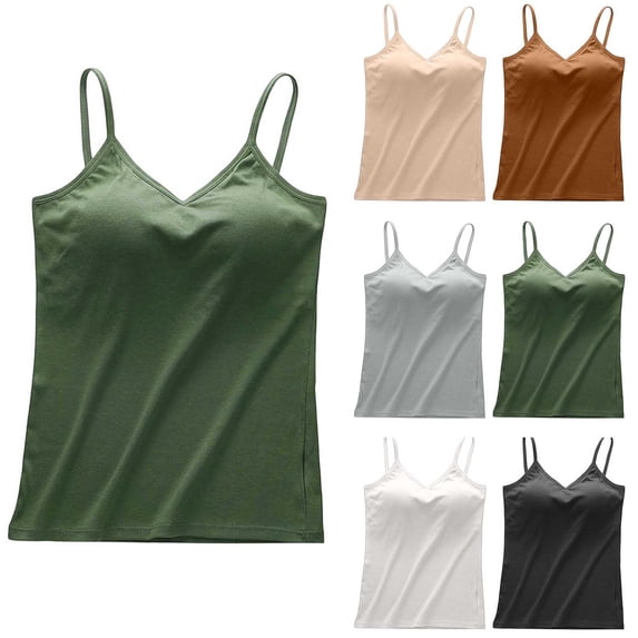 UVEASISHA Women's Camisoles Tops with Built In Bra Cotton Blend V Neck Tank Tops Soft Comfy Spaghetti Straps Undershirts Solid Color Basic T Shirts White XL