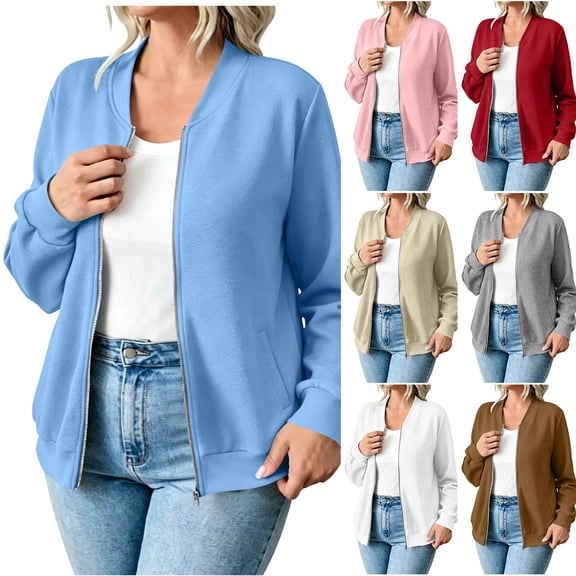 UVEASISHA Women's Casual Bomber Jackets Lightweight Full Zip Up Fall Coat Stand Collar Long Sleeve Outerwear with Pockets Brown S