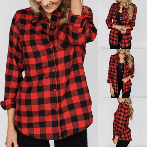 UVEASISHA Women's Casual Shacket Jacket Fall Lightweight Vintage Plaid Shirt Jackets Rolled Long Sleeve Button Down Thin Coats Fashion Clothes,Red,S