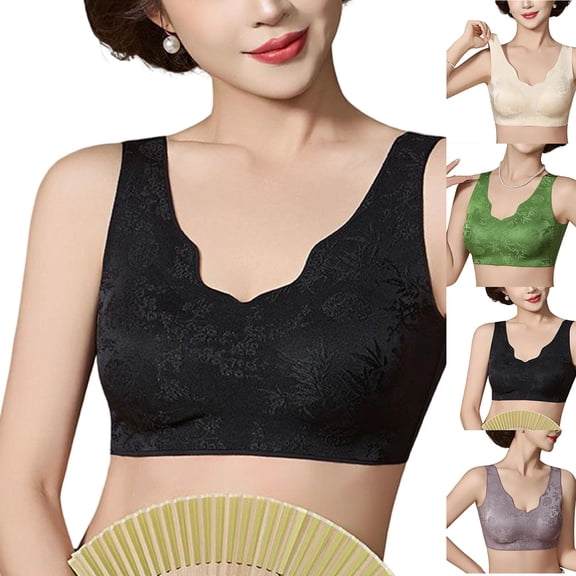 UVEASISHA Women's Comfort Bra Floral Jacquard Bralette Wide Strap Scalloped V Neck Everyday Bras Elegant Full Coverage Underwearr for Elder Women Beige XXL