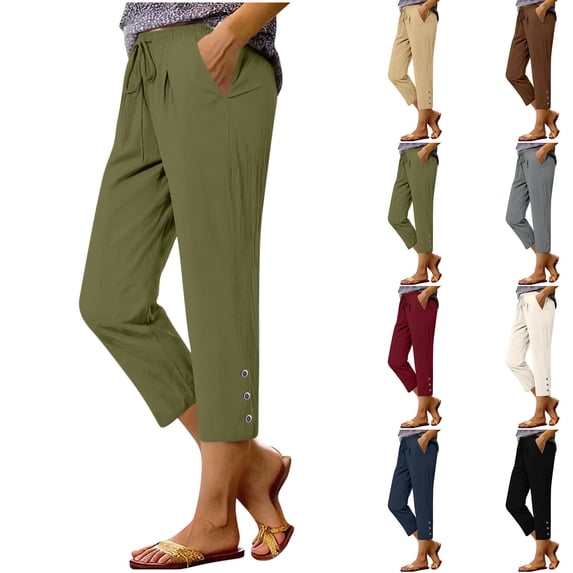 UVEASISHA Women's Cotton Linen Cropped Pants Drawstring Pleated Straight Loose Button Capri Pants Casual Summer Vacation Trousers with Pockets Navy S