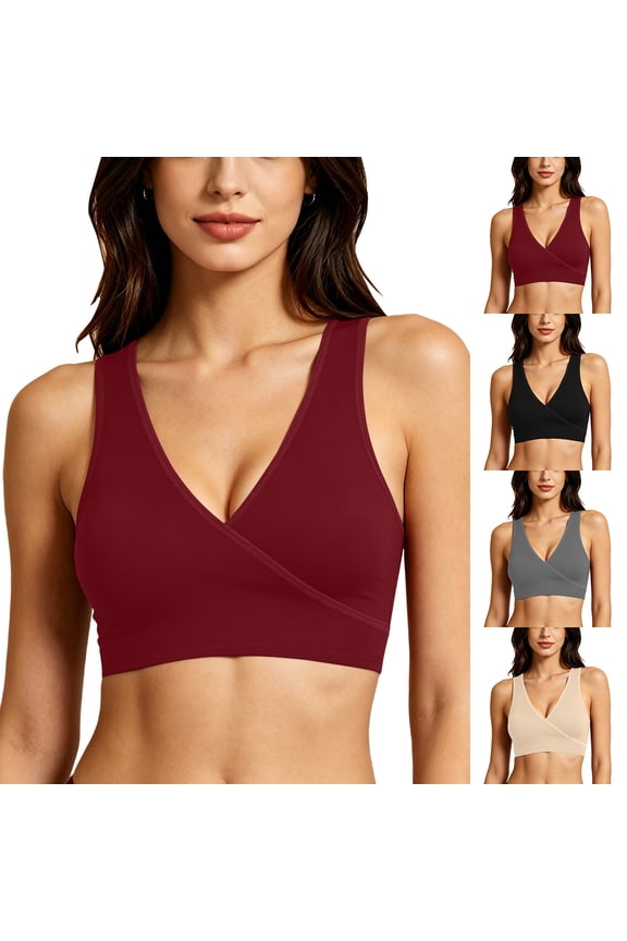 UVEASISHA Women's Criss Cross Wireless Bra Deep V Neck Wide Strap Seamless Comfort Bralette Soft Lounge Sleep Support Everyday Underwearr Red XXL