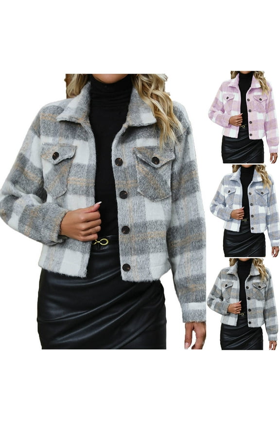 Women’s Cropped Wool Blend Plaid Shacket Long Sleeve Button Down Flannel Shirt Jacket Coat Winter Trendy Warm Up Coats with Pockets Gray S