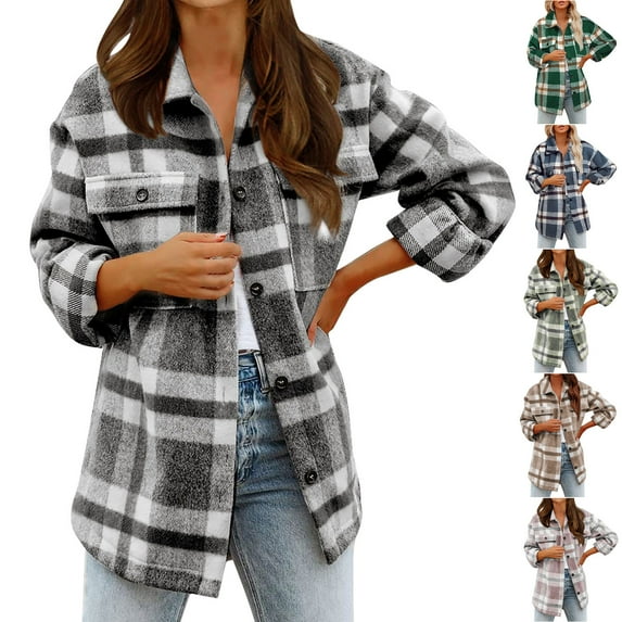 UVEASISHA Women's Fall Flannel Jackets Roll Up Long Sleeve Plaid Shacket Business Casual Button Down Shirt Jackets Trendy Coats for Womens with Pocket Today's Deals,Navy,L