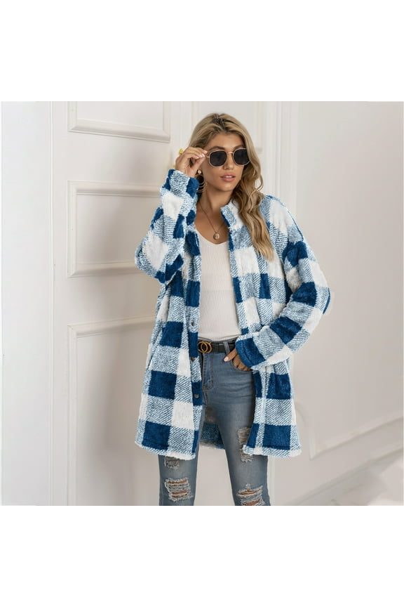 Women's Fleece Jackets Clearance,Shackets for Women Winter Long Sleeve Warm Up Plaid Coat Soft Fuzzy Fashion Button Down Shirt with Pocket,Blue,S