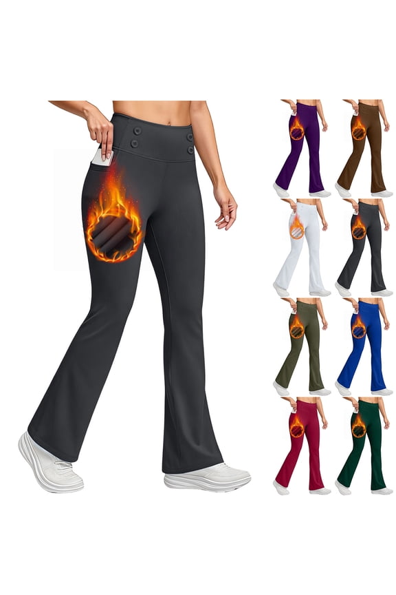 UVEASISHA Women's Fleece Lined Flare Leggings with Pockets Elastic Waist Band Warm Gym Yoga Pants Thick Butt Lifting Full Lengh Skinny Tights S