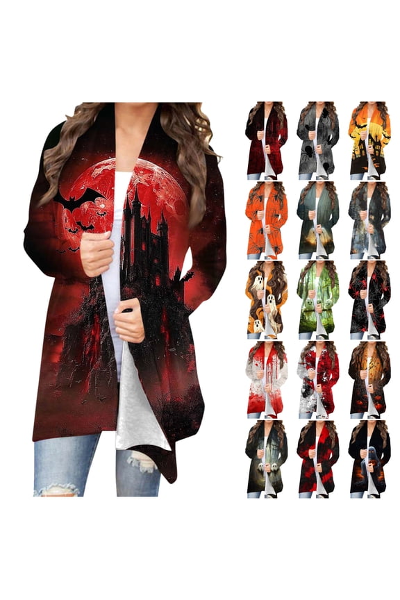 UVEASISHA Women's Halloween Cardigan Cute Pumkin Cat Print Long Sleeve Open Front Kimono Cardigans Lightweight Fall Jacket Multicolor L