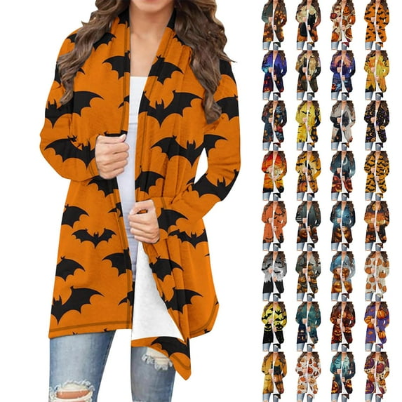 UVEASISHA Women's Halloween Cardigan Cute Pumkin Cat Print Long Sleeve Open Front Kimono Cardigans Lightweight Fall Jacket Multicolor L
