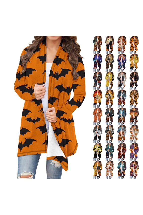 UVEASISHA Women's Halloween Cardigan Cute Pumkin Cat Print Long Sleeve Open Front Kimono Cardigans Lightweight Fall Jacket Multicolor XL