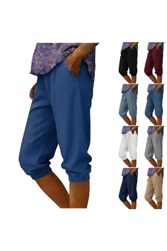 UVEASISHA Women's Harem Capri Pants Elastic High Waist Ruched Cuffs Capris Lightweight Breathable Casual Summer Vacation Pants with Pockets White XL