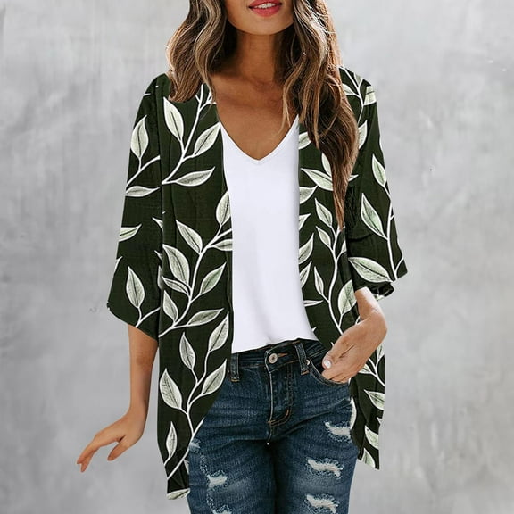 UVEASISHA Women's Kimono Cardigan Summer,Women Kimono Cardigans Casual Tops Cover up Open Front Floral Print Resort Wear Puff Sleeve Beach Kimonos 2025 Sales Today of The Day,Army Green,XL