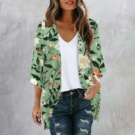 UVEASISHA Women's Kimonos Plus Size,Kimonos for Women Floral Print Lightweight Chiffon Kimonos Cardigan Puff Sleeve Loose Beach Wear Cover Up Blouse Tops 2025,Green,XL