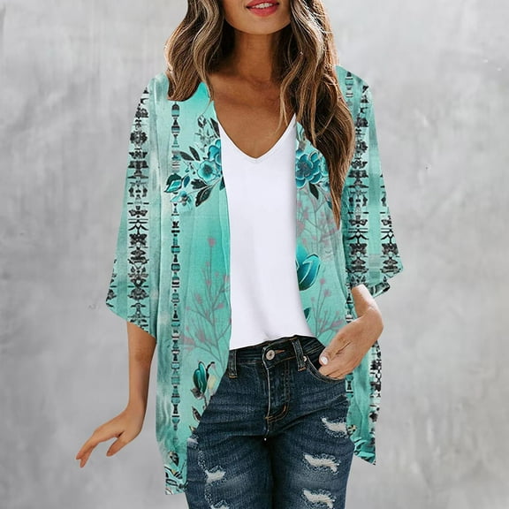 UVEASISHA Women's Kimonos for Summer,Womens Beach Boho Chiffon Kimono Cardigans Sheer Open Front Cover Ups Tops Dressy Hawaiian Vacation,Blue,M