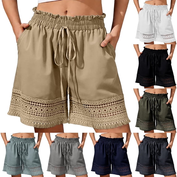 UVEASISHA Women's Lace Drawstring Shorts smocked waist cutout Casual Bermuda Shorts Lightweight Breathable summer beach vacation shorts with Pockets Black S
