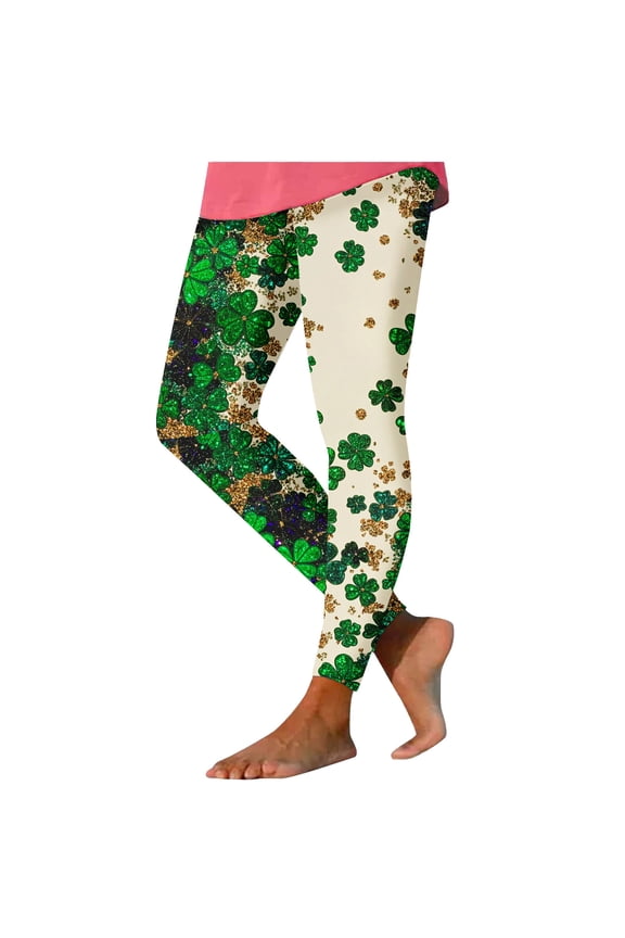 UVEASISHA Women's Leggings Glitter Shamrock Printed Holiday Pants Buttery Soft High Waisted Workout Pant Stretchy Athletic Fitness Leggings St Patricks Day Tights Khaki 3XL