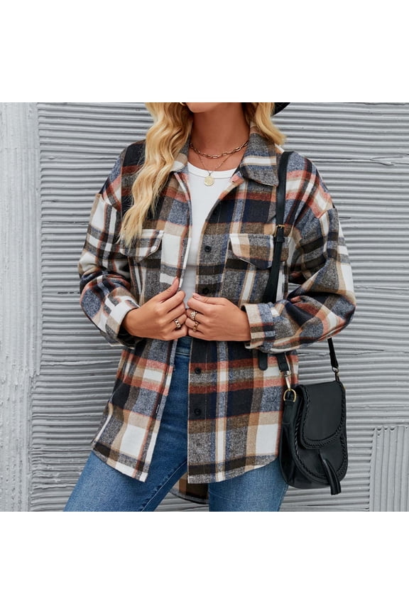 Women's Lightweight Plaid Shacket 2025 Fall Trendy Button Down Shirt Jackets Business Casual Long Sleeve Thin Jacket with Pockets Back to College Sale,Red,S