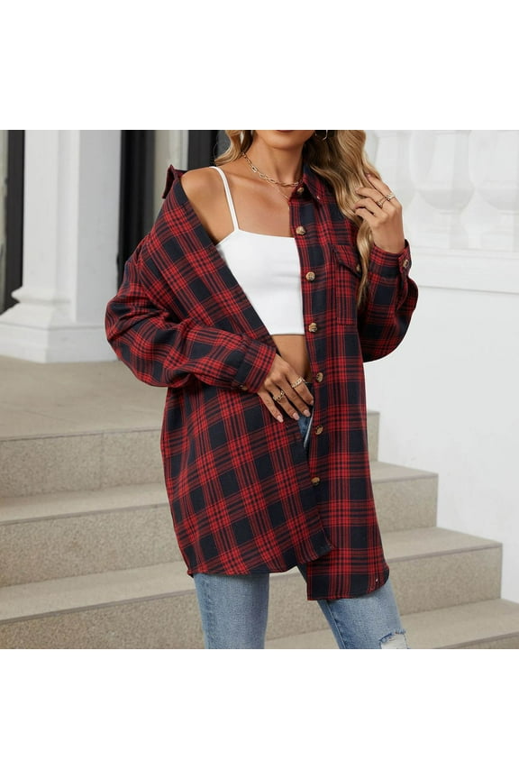 Women's Lightweight Shacket Fall Trendy Plaid Shirt Jackets Casual Loose Long Sleeve Buttons Shirts with Pocket,Red,L