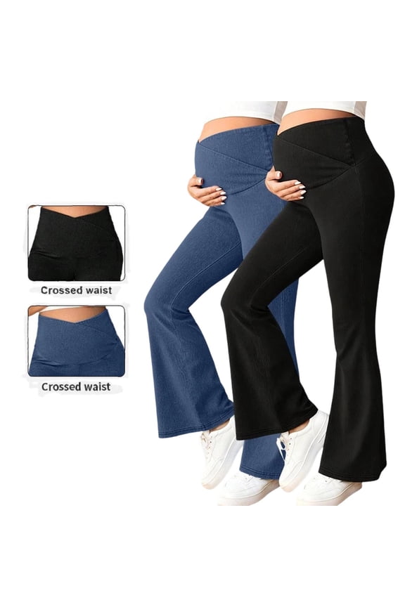 UVEASISHA Women’s Maternity Flare Jeans Crossover Waist Stretch Denim Pants Butt Lifting Pregnancy Bell Bottom Jeans Blue M