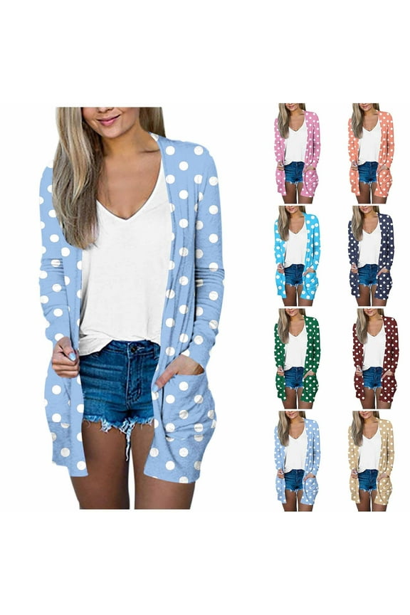 UVEASISHA Women's Open Front Lightweight Cardigans Polka Dot Print Long Sleeve Cardigan Jacket Trendy Casual Duster Jackets with Pockets Navy M