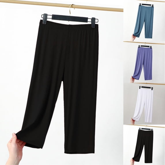 UVEASISHA Women's Plus Size Lounge Capri Pants Elastic Waist Milk Silk Pajama Trousers Loose Fit Breathable Thin Summer Athletic Trousers White XXL