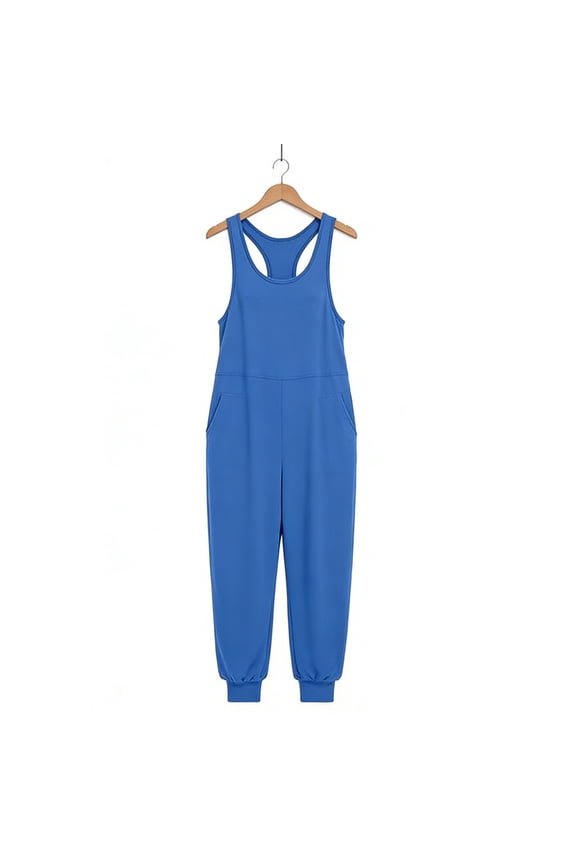 UVEASISHA Women's Sleeveless Jumpsuit Racerback Jogger Casual Athletic Rompers High Waist Loose Fit Workout Overalls with Pockets for Daily Lounge Sports Wear Blue XXL