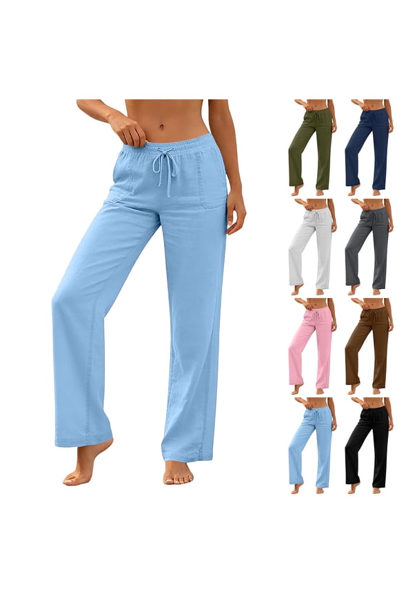 UVEASISHA Women's Straight Leg Pants Drawstring Elastic Waist Cotton Linen Slacks Lightweight Loose Fit Pants with Pockets Blue M