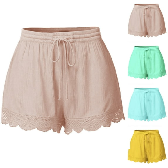 UVEASISHA Women's Summer Shorts Loose Elastic Waist Drawstring Casual Shorts Breathable Lace Boho Beach Shorts Lightweight Lounge Shorts Khaki XL
