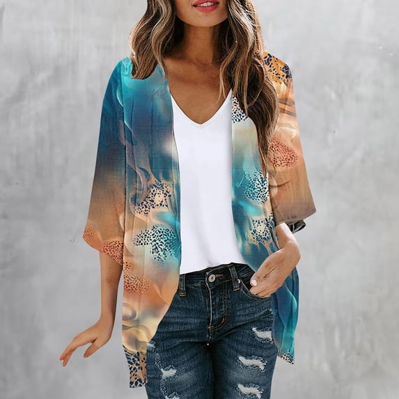 UVEASISHA Women's Tie Dye Open Front Cardigans 3/4 Sleeve Kimono Cardigan Lightweight Sun Protection Summer Everyday Wear Outerwear Multicolor S