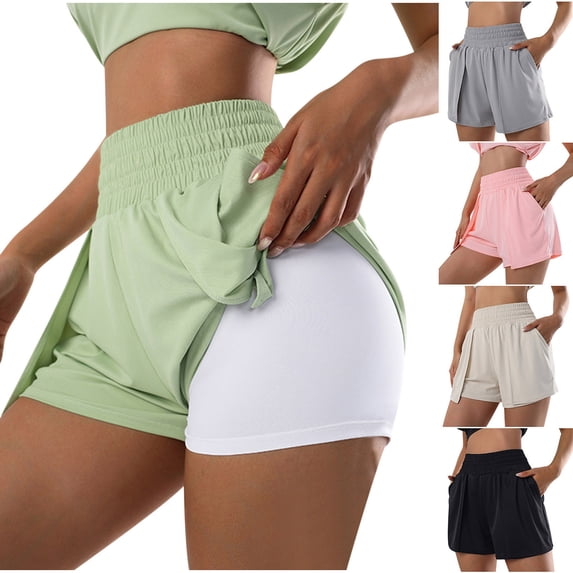 UVEASISHA Women's Workout Shorts Faux Two-Piece Shorts Lined Elastic High Waisted Running Shorts Thin Quick-Drying Exercise Shorts with Side Pockets Pink M