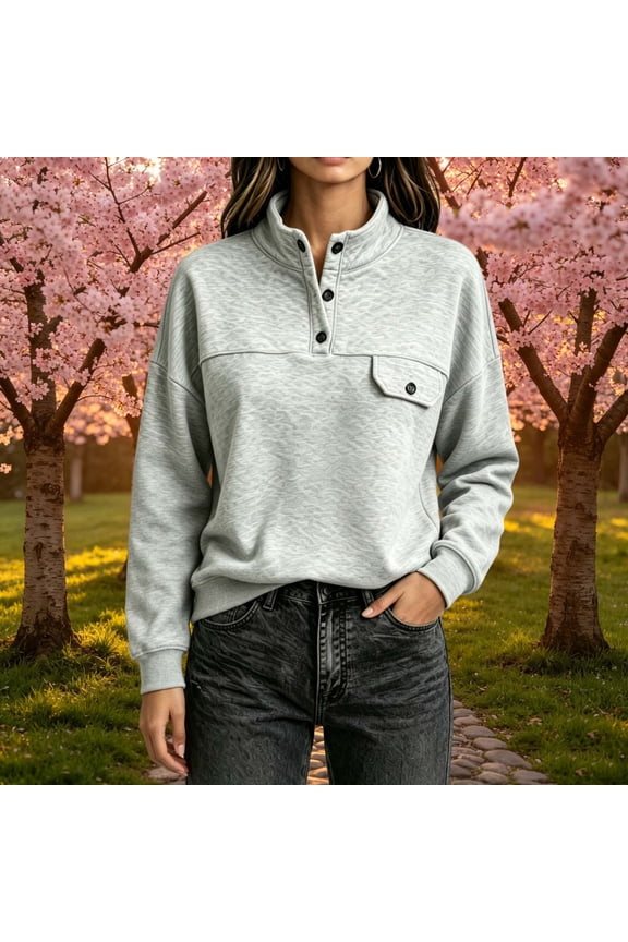 UVEASISHA Women's half snap sweatshirt mock neck fleece lined pullover Long Sleeve Casualsweatshirt Solid Color Chest Pocket Sweatshirt Gray M