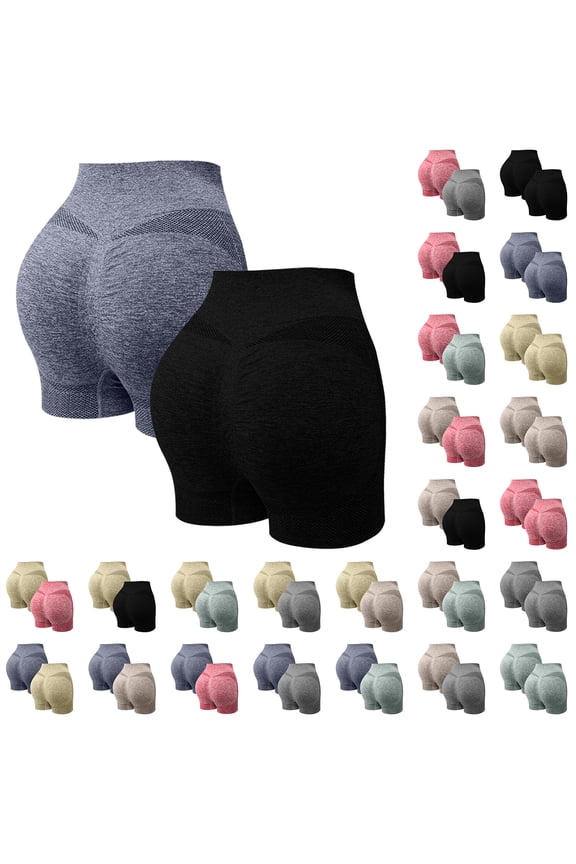 Womens 2 Piece Butt Lifting Shorts High Waist Tummy Control Yoga Shorts Seamless Ruched Booty Workout Shorts E-Black L