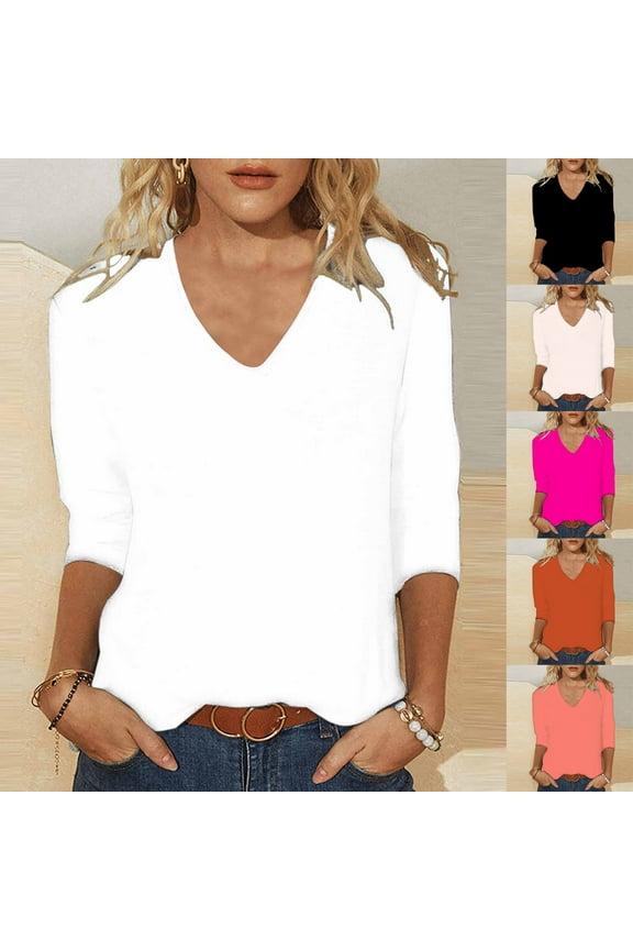Womens 3/4 Length Sleeve Solid V Neck Tops Dressy Casual Business Work Blouse Comfy Fall Clothes Hot Pink XL