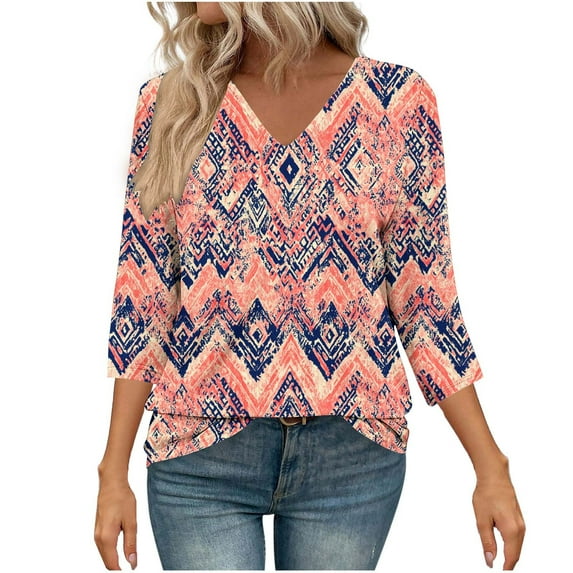 UVEASISHA Womens 3/4 Length Sleeve Tops 2025 Summer Casual Dressy Blouse Fashion V Neck Floral Blouses Multicolor#2 XL