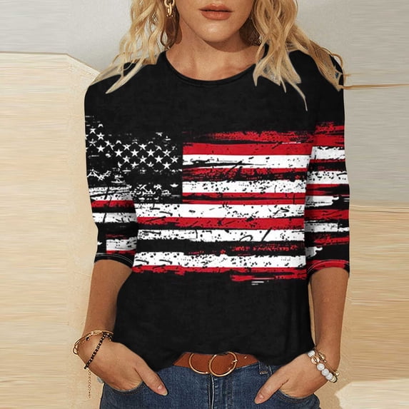 UVEASISHA Womens 3/4 Sleeve Patriotic T Shirt USA Independence Day Tops Novelty American Flag Print Graphic Tees Multicolor#2 XL