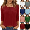 thumbnail image 1 of UVEASISHA Womens 3/4 Sleeve Shirt Henley Neck Pleated Tops Solid Color Tunic Shirts Spring Summer Trendy Tee Shirts Dressy Casual Blouses L, 1 of 5