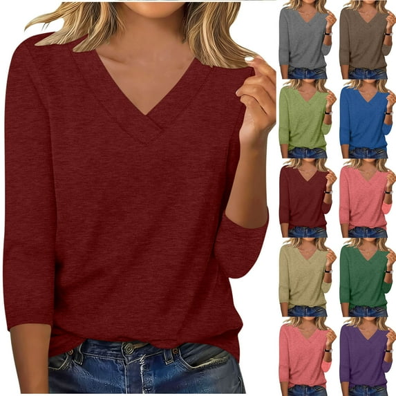 UVEASISHA Womens 3/4 Sleeve Shirt Solid Color V Neck Casual T Shirts Loose Comfy Spring Summer Fall Basic Tees XXL