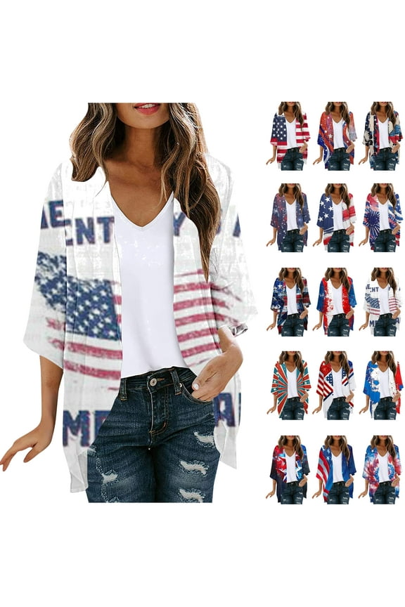 Womens 4th of July Cardigan 3/4 Sleeve Plus Size Cardigans for Women Novelty American Flag Printed Kimono Jackets Flowy Chiffon Coverups Multicolor XXL