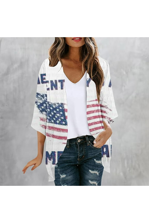 Womens 4th of July Cardigan,Women's Summer Chiffon Kimono Cardigans USA Flag Open Front Cover Ups Tops Dressy Hawaiian Vacation 2024 Prime Big Deal Days,White,XL