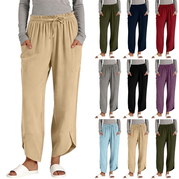 UVEASISHA Womens Boho Linen Pants Drawstring Elastic Waisted Wide Leg Capri Pant Summer Lounge Harem Trousers with Pockets Blue M