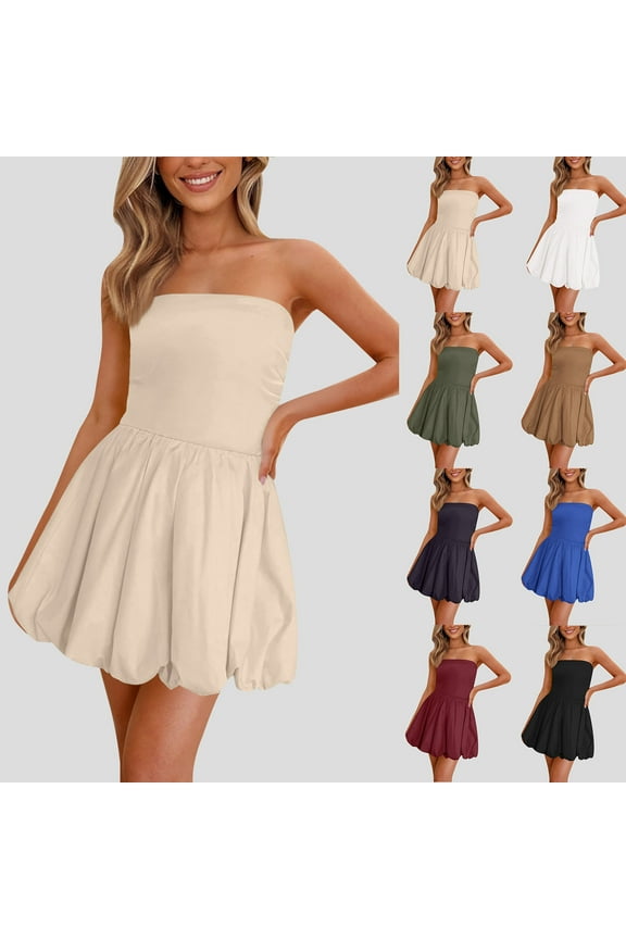 Womens Bubble Mini Dress A Line Ruched Strapless Sundress Smocked Party Cocktail Short Dresses with Pockets Wine XXL
