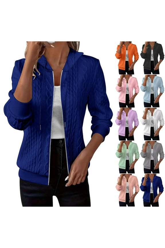 Womens Cable Knit Jackets Drawstring Long Sleeve Hooded Sweater Jacket Zip Up Fashion Street Hoodie Sweaters Green L