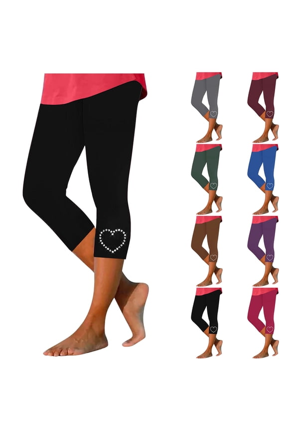 Womens Capri Leggings Love Heart Rhinestones High Waisted Cropped Casual Yoga Pants Lightweight Comfy Athletic Capris Blue S
