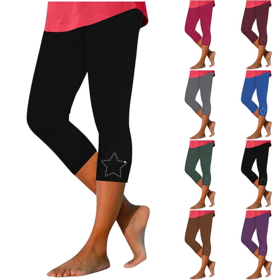 UVEASISHA Womens Capri Pants Casual Star Rhinestones High Waisted Cropped Yoga Pants Lightweight Comfy Workout Capris Pink L