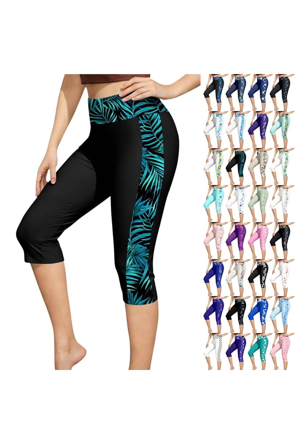 UVEASISHA Womens Capris Pants High Waisted Tropical Print Swim Leggings Quick Dry Tummy Control Tights with Modest Knee Length Bathing Suit Bottoms for Swimming Water Sports Multicolor M