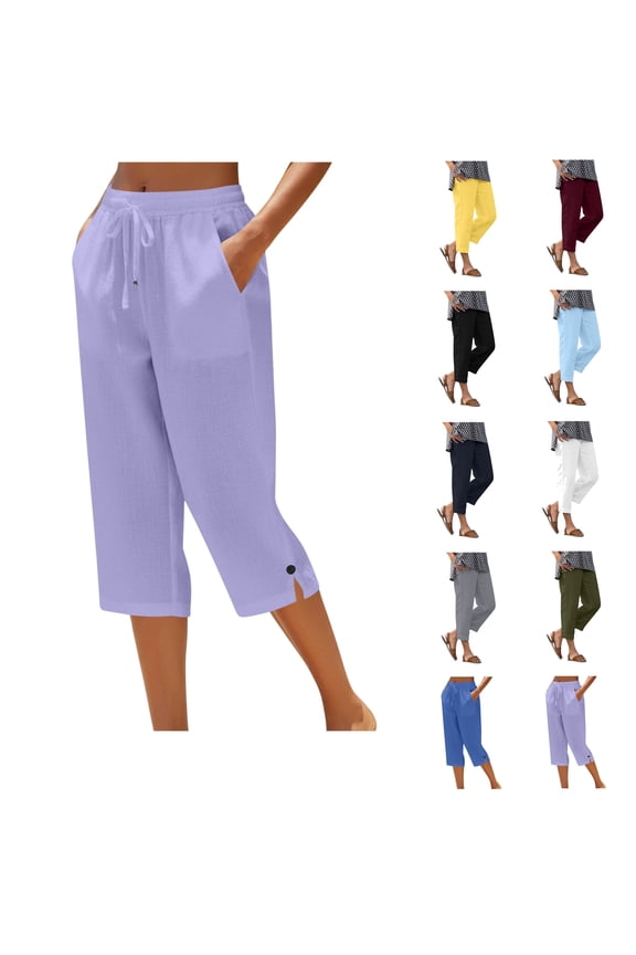 UVEASISHA Womens Capris Pants with Pockets Slit Hem Summer Capri Pants Elastic Waist Cropped Trousers Comfy Lightweight Vacation Slacks Purple 3XL