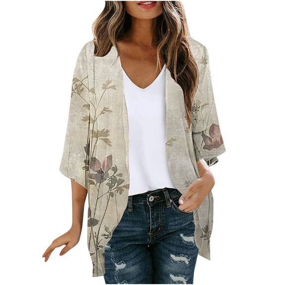 UVEASISHA Womens Cardigans and Kimonos,Women's Kimono Cover Ups for Beach Floral Puff Sleeve Loose Summer Cardigan Lightweight Vacation Resort Wear 2025,Khaki,2XL