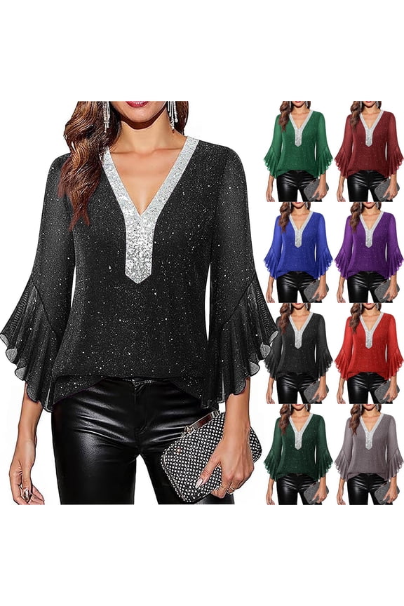 UVEASISHA Womens Dressy Sequin Tops Glitter Sparkly Party Blouse Ruffle 3/4 Sleeve V Neck Tunic Shirts Red L