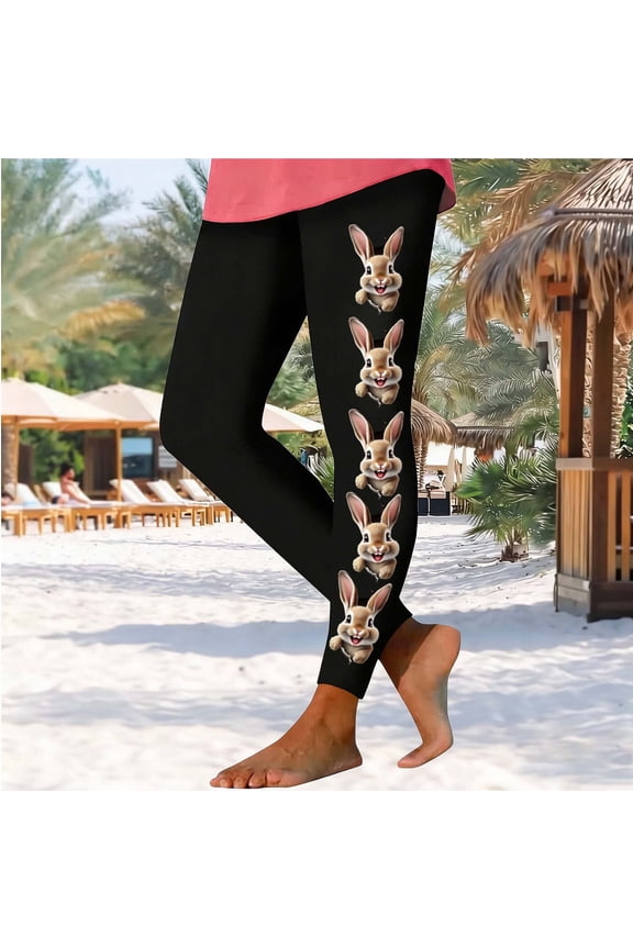 UVEASISHA Womens Easter Leggings Cute Bunny Printed Yoga Pants Tummy Control Stretchy Gym Pants Daily Wear Sports Training Tights Coffee XL