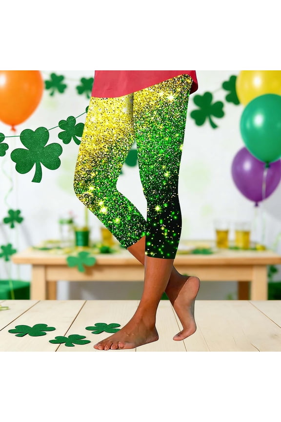 UVEASISHA Womens Fitness Pants St Patricks Day Gold Green Gradient Sparkly Shamrock Printed Capri High Waisted Tummy Control Stretchy Athletic TightsGreen#4XXL