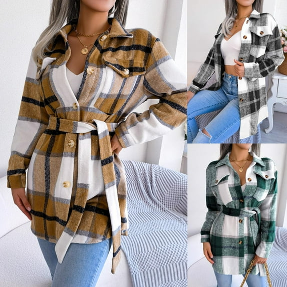 UVEASISHA Womens Flannel Jackets Trendy Plaid Long Sleeve Winter Coats Casual Button Down Warm Up Shacket Jacket with Belt and Pockets,Green,L